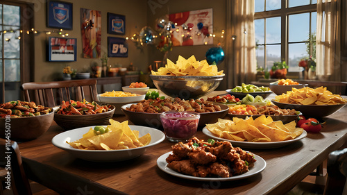 A vibrant Super Bowl party scene filled with delicious snacks and festive football decorations. photo