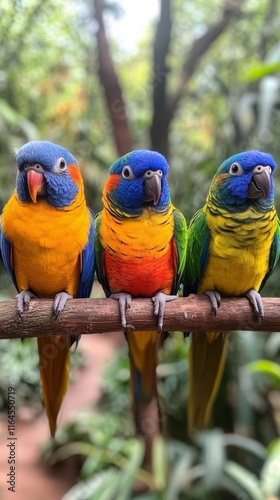 Colorful parrots perched on a branch in a lush garden during daytime