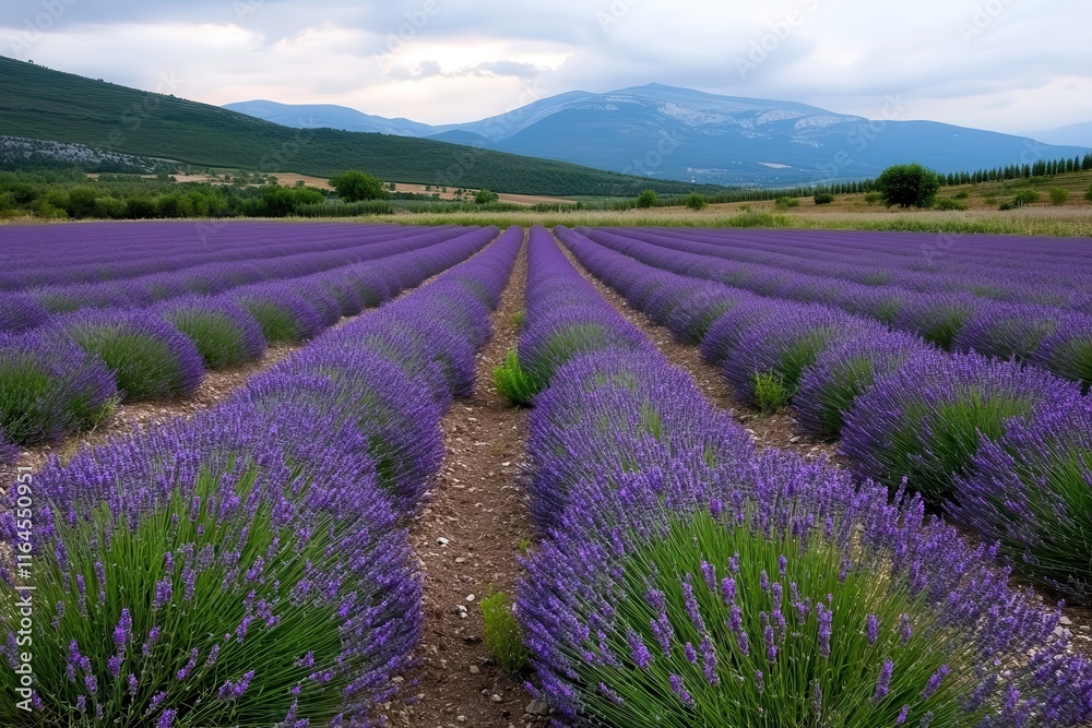 Obraz premium An enchanting view of purple lavender fields set against a backdrop of gentle hills, creating a tranquil atmosphere enhanced by the lush greenery.