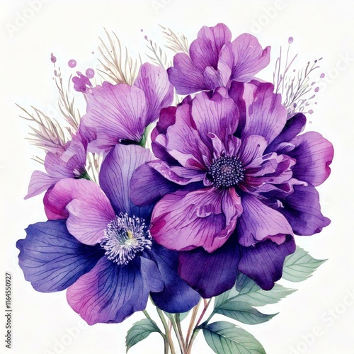 watercolor flowers, hand painting, purple violet