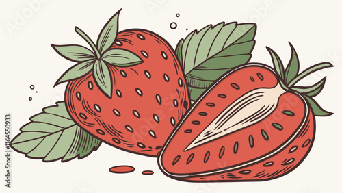 Juicy Strawberry Delight: A halved strawberry and a whole strawberry, artfully arranged with leaves, create a vibrant and appetizing illustration. Perfect for food blogs, packaging.