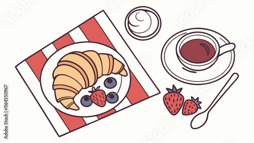 Morning Delight: A delightful illustration of a classic breakfast, featuring a flaky croissant topped with fresh berries and a dollop of cream, accompanied by a steaming cup of tea and a spoon.  