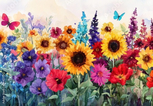 Vibrant Watercolor Floral Arrangement with Butterflies and Sunflowers