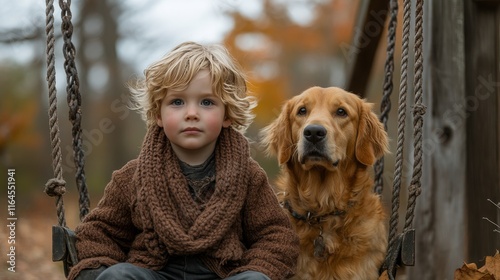 Child enjoys time on swing with golden retriever in autumn setting