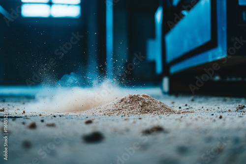 Wood production waste. Close-up of sawdust pile. Woodworking plant. photo