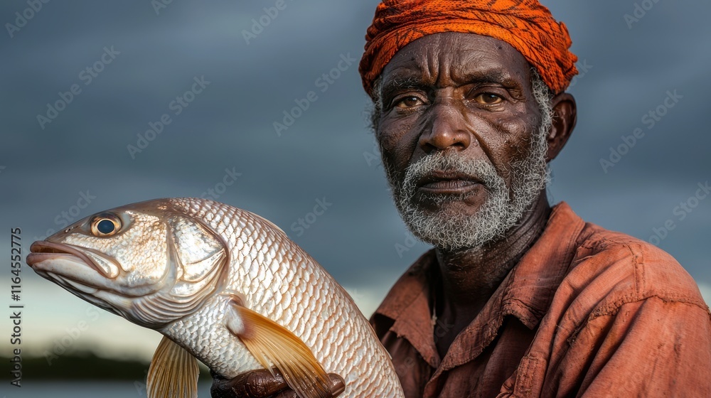 Elderly Man Holding Fresh Fish Near Water Under Dramatic Sky Elderly Man Holding Fresh Fish Near Water Under Dramatic Sky