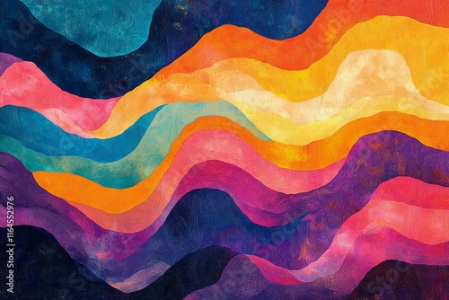 Colorful abstract waves create dynamic patterns on a textured background suit...