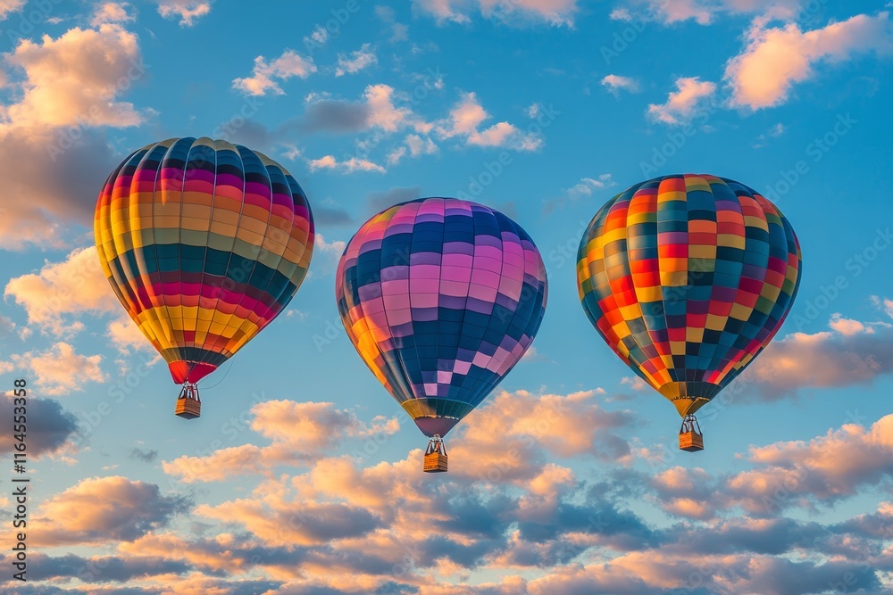 Naklejka premium Hot air balloons float above a vibrant sky during an early morning festival in autumn