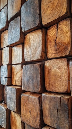 Wooden blocks arranged in a detailed pattern showcasing natural textures and ...