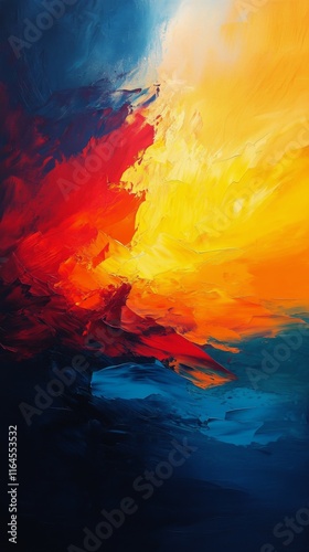 Vibrant abstract painting with bold colors blending together in dynamic compo...