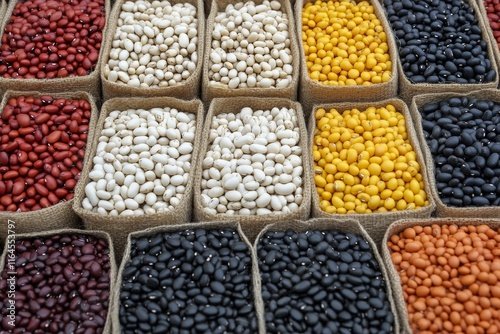 Colorful assortment of beans displayed in woven baskets at a market
