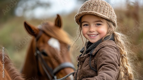 Smiling child wearing winter clothing rides a horse during a sunny afternoon ...
