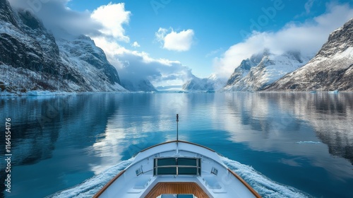 Luxury yacht navigating through icy waters surrounded by majestic mountains i...
