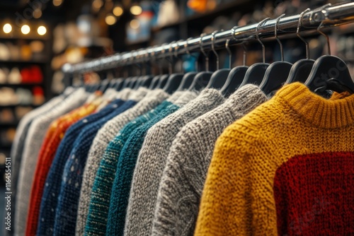 Colorful knitted sweaters displayed on a rack in a cozy boutique during autumn