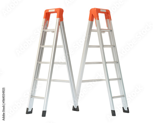 A pair of sturdy, modern aluminum step ladders with bright orange accents, ideal for various industrial and domestic tasks requiring height and stability. photo