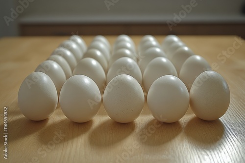 Unique collection of eggs arranged on wooden surface indoors at a farm setting