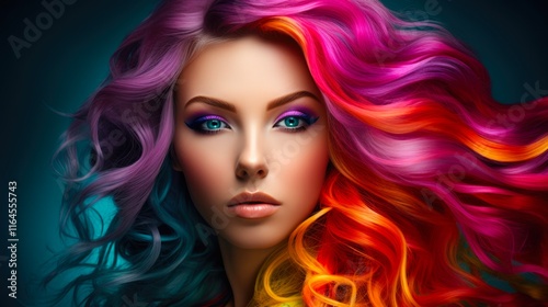 Rainbow Waves of Colored Hair. Beautiful Girl with Vibrant Makeup and Hairstyle in Gradient Colors