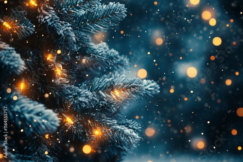 Snowy winter evening with a decorated Christmas tree glowing in the night