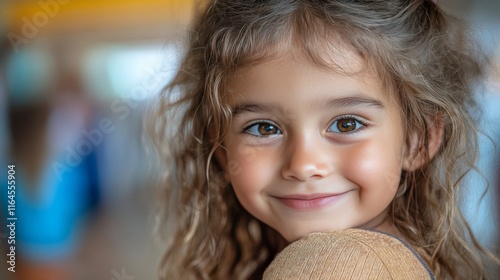 Happy child with curly hair smiling warmly in a vibrant indoor setting