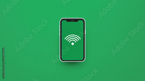 Using wireless internet with phone. Smartphone with white Wi-Fi sign on the screen. Green background. View from above. photo