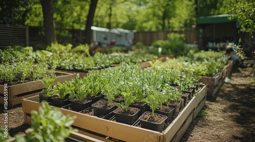 Gardening enthusiasts cultivate fresh vegetables in community garden during s...
