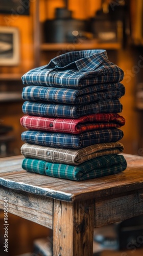 Stylishly folded plaid shirts displayed on a rustic wooden table in a trendy ...