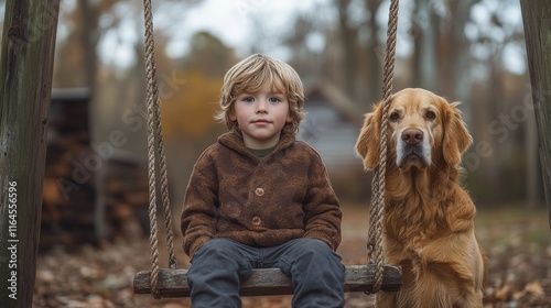 Child enjoys time on swing with golden retriever in autumn setting