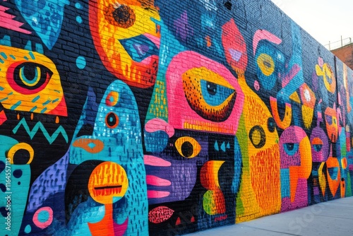 Colorful mural on urban building showcasing vibrant geometric designs and pla...