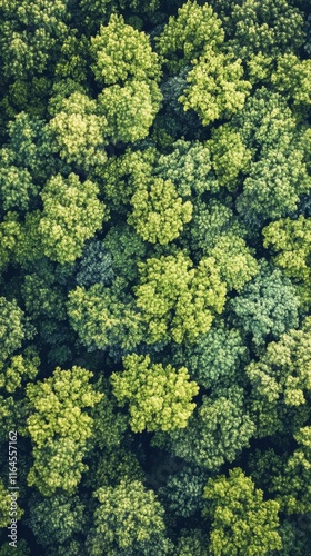 Dense evergreen forest viewed from above during bright daylight in a serene l...