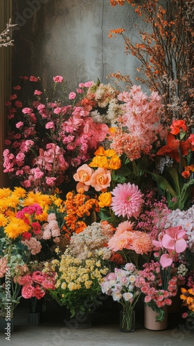Colorful assortment of fresh flowers displayed in a cozy shop setting