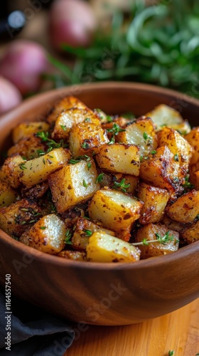 Crispy roasted potatoes with herbs served in a wooden bowl on a rustic table