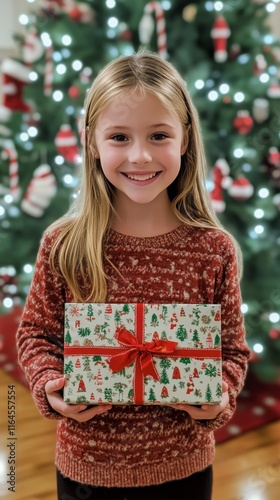 Smiling girl holds wrapped holiday gift in front of Christmas tree decorated ...