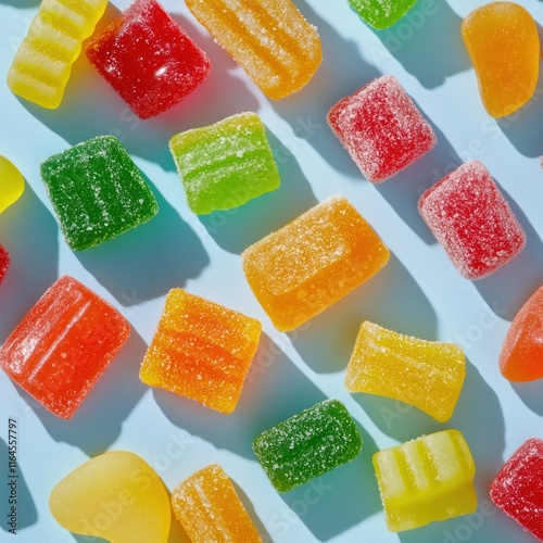 Colorful assorted fruit jellies on blue background.