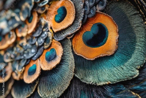 Colorful peacock feathers showcasing intricate patterns and vibrant hues in n...