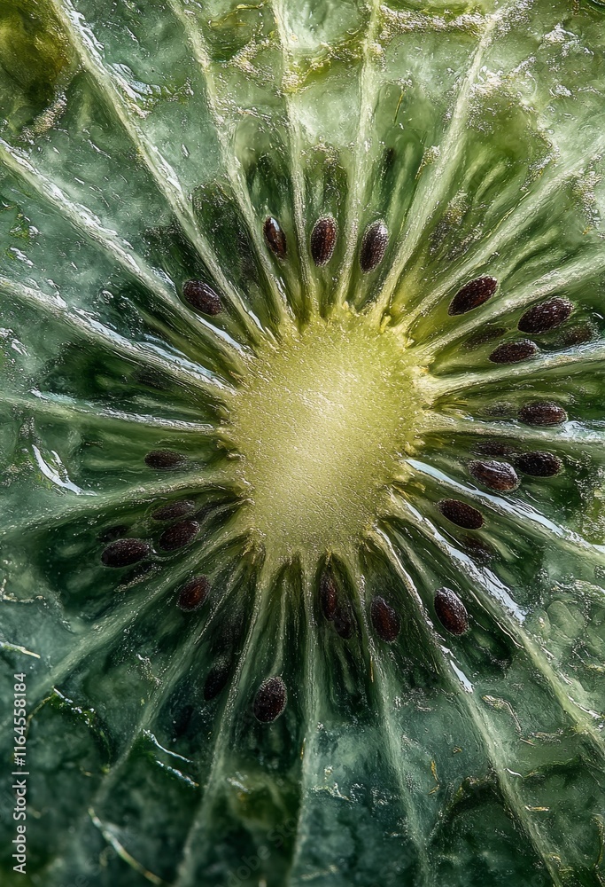 Close-up view of a sliced kiwi showcasing its vibrant green interior and unique seed pattern