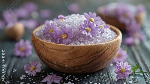 Natural purple bath salts with flowers in a wooden bowl on a rustic table