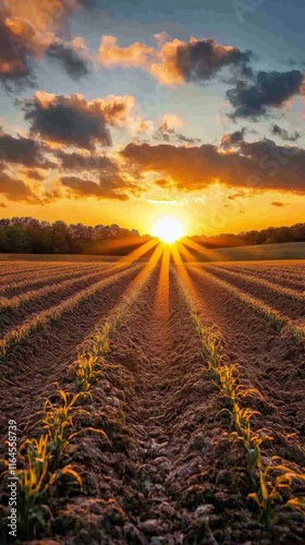 Vibrant sunrise illuminating a freshly plowed field in rural landscape