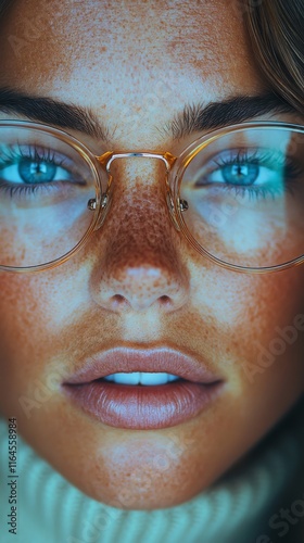 Close-up portrait of a young woman with freckles and glasses showcasing strik...