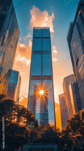 Skyline view of modern skyscrapers in a bustling city during sunny afternoon