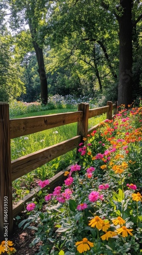 Beautiful garden path leading through vibrant flowers and greenery on a sunny...