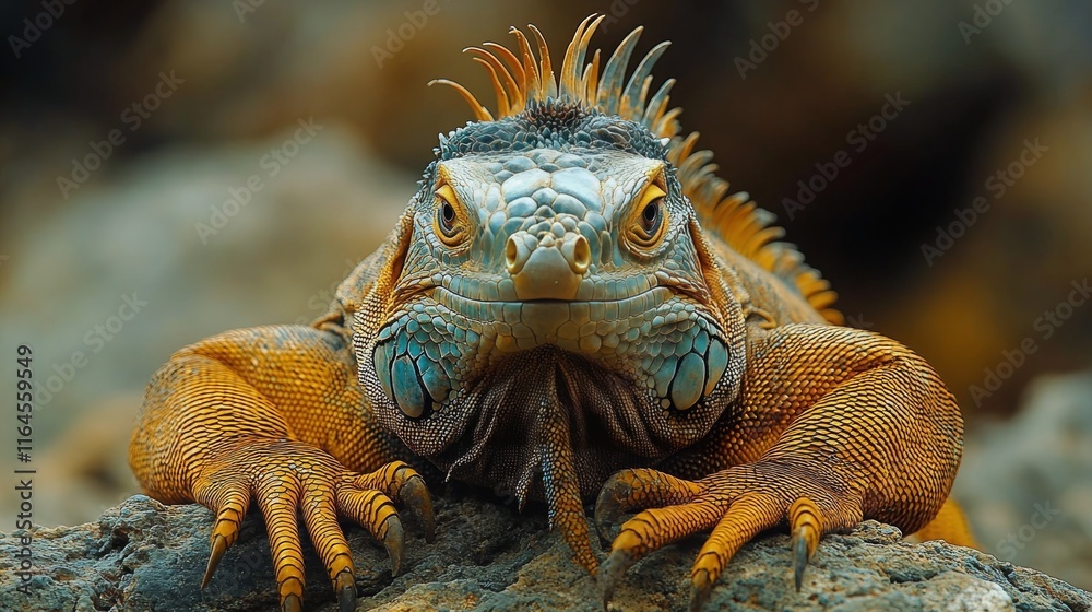 Fototapeta premium Colorful iguana basking on a rock by the ocean during a sunny day with clear blue skies