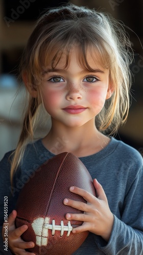 Young girl wearing a brown hat holding a football in a grassy field during au...