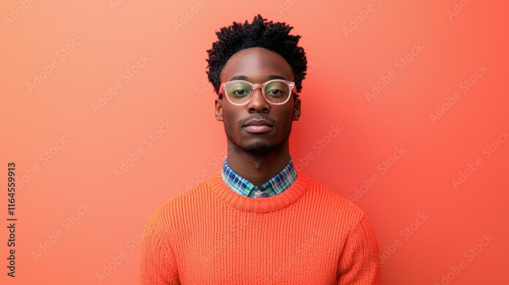 Obraz premium Young Man in Glasses Posing Against Vibrant Orange Background