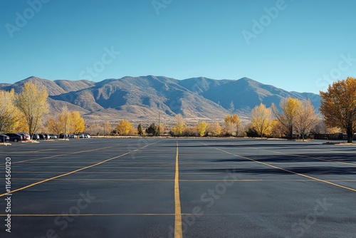 Stunning mountain landscape with an empty parking lot under clear blue sky