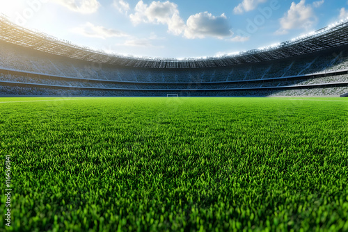 Green grass sports field with stadium seating, suitable for soccer, football, or baseball events