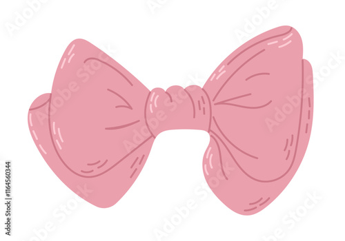 Cute pink bow illustration with soft details and hand drawn style, with subtle stitching lines and smooth curves isolated on white background. Vector hand drawn drawing