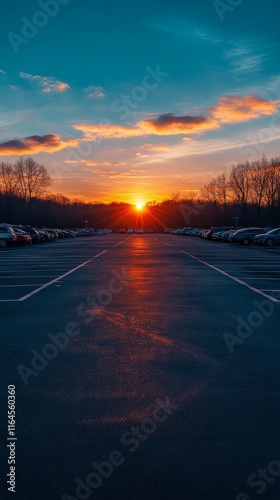 Parking lot at sunset with vibrant colors and a peaceful atmosphere in the ev...