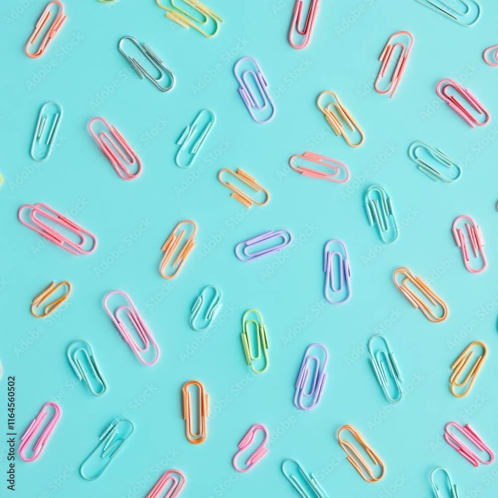 Colorful paper clips scattered on a light blue background. Colorful paper clips scattered on a light blue background.