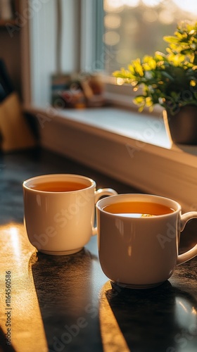 Warm cups of tea resting on a countertop near a sunlit kitchen window in the ...