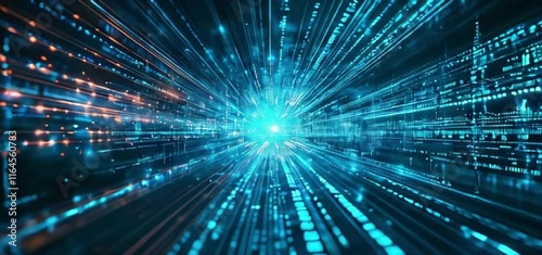 Dynamic blue technology background with abstract light trails and data streams